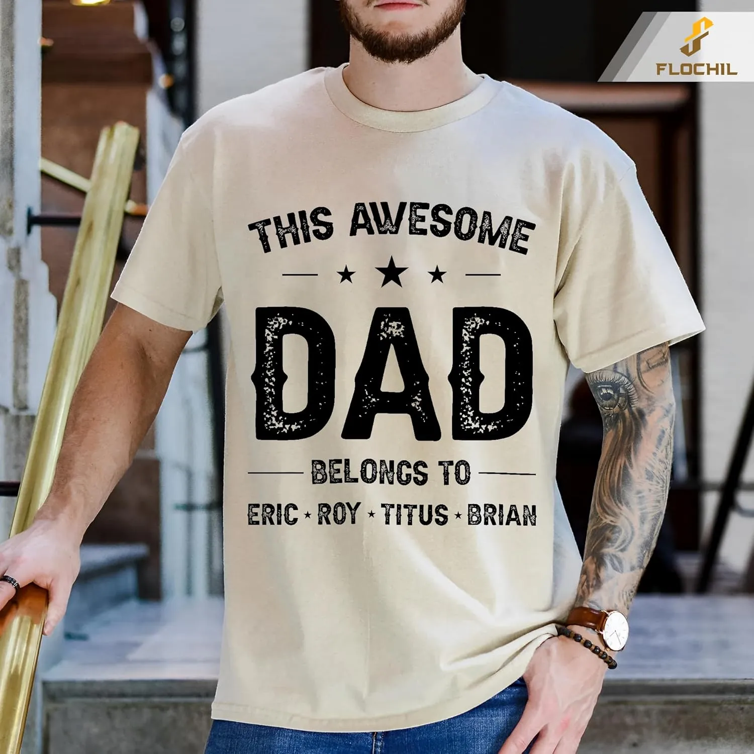 FLOCHIL Personalized Dad Shirt for Men, Custom Dad Shirt with Kids Names, Customized Fathers Day T Shirt, Gifts for Dad
