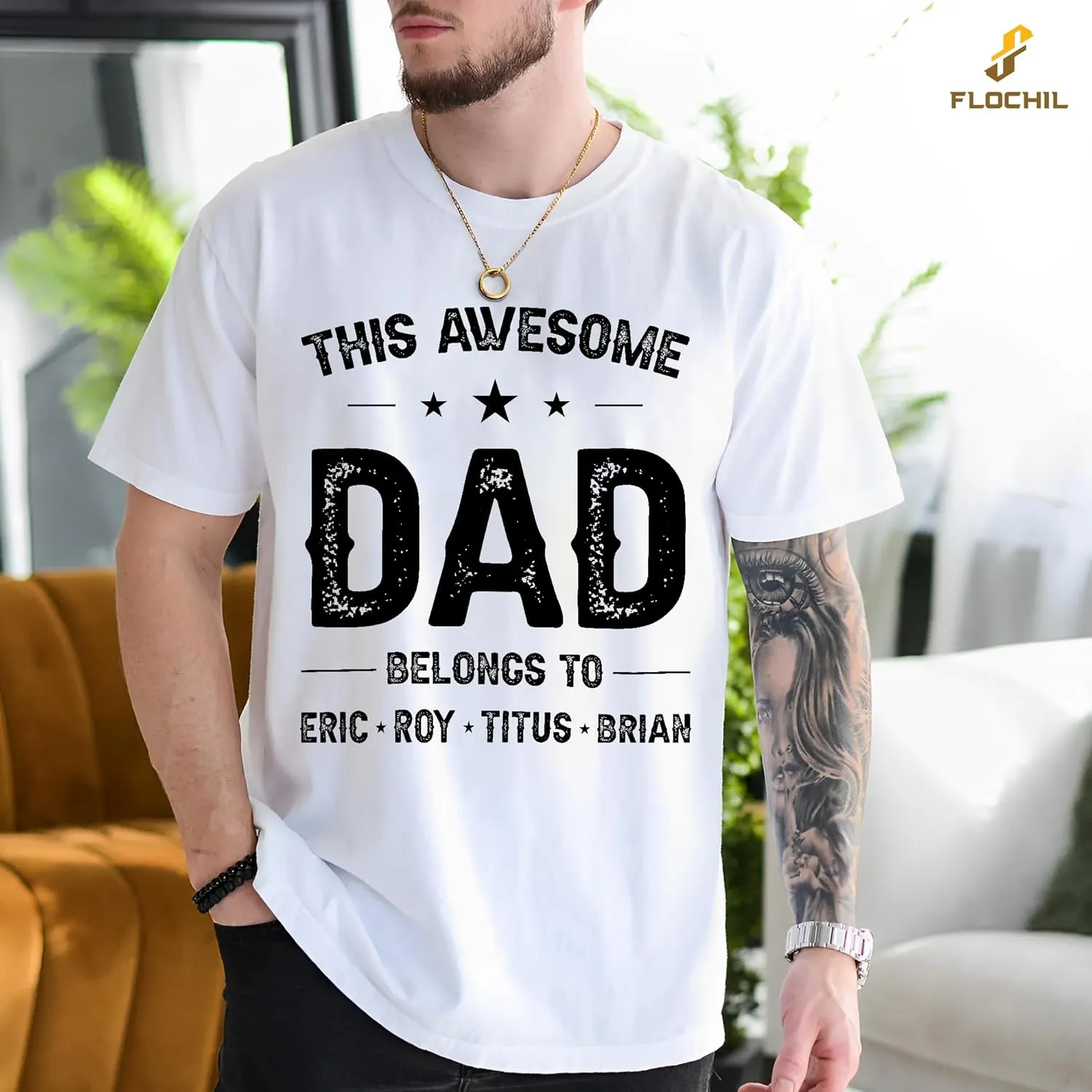 FLOCHIL Personalized Dad Shirt for Men, Custom Dad Shirt with Kids Names, Customized Fathers Day T Shirt, Gifts for Dad