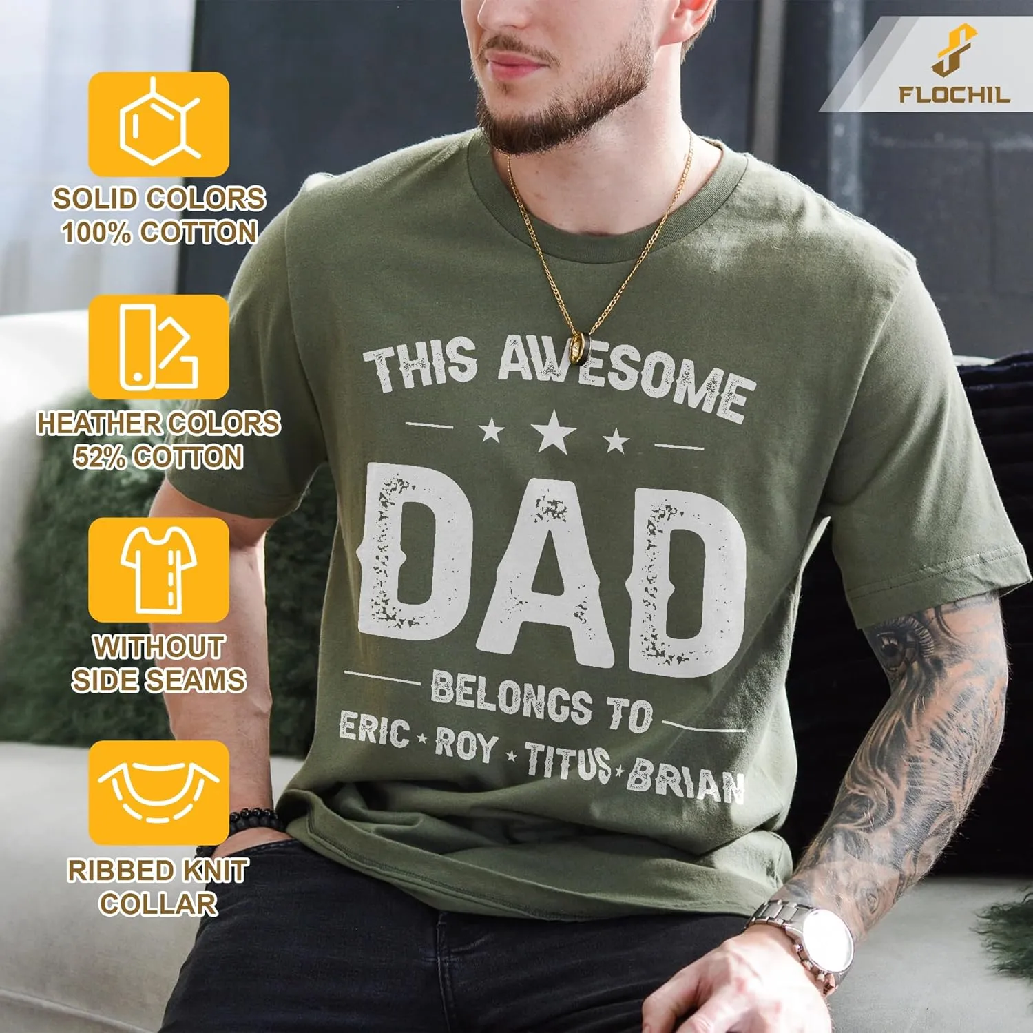 FLOCHIL Personalized Dad Shirt for Men, Custom Dad Shirt with Kids Names, Customized Fathers Day T Shirt, Gifts for Dad