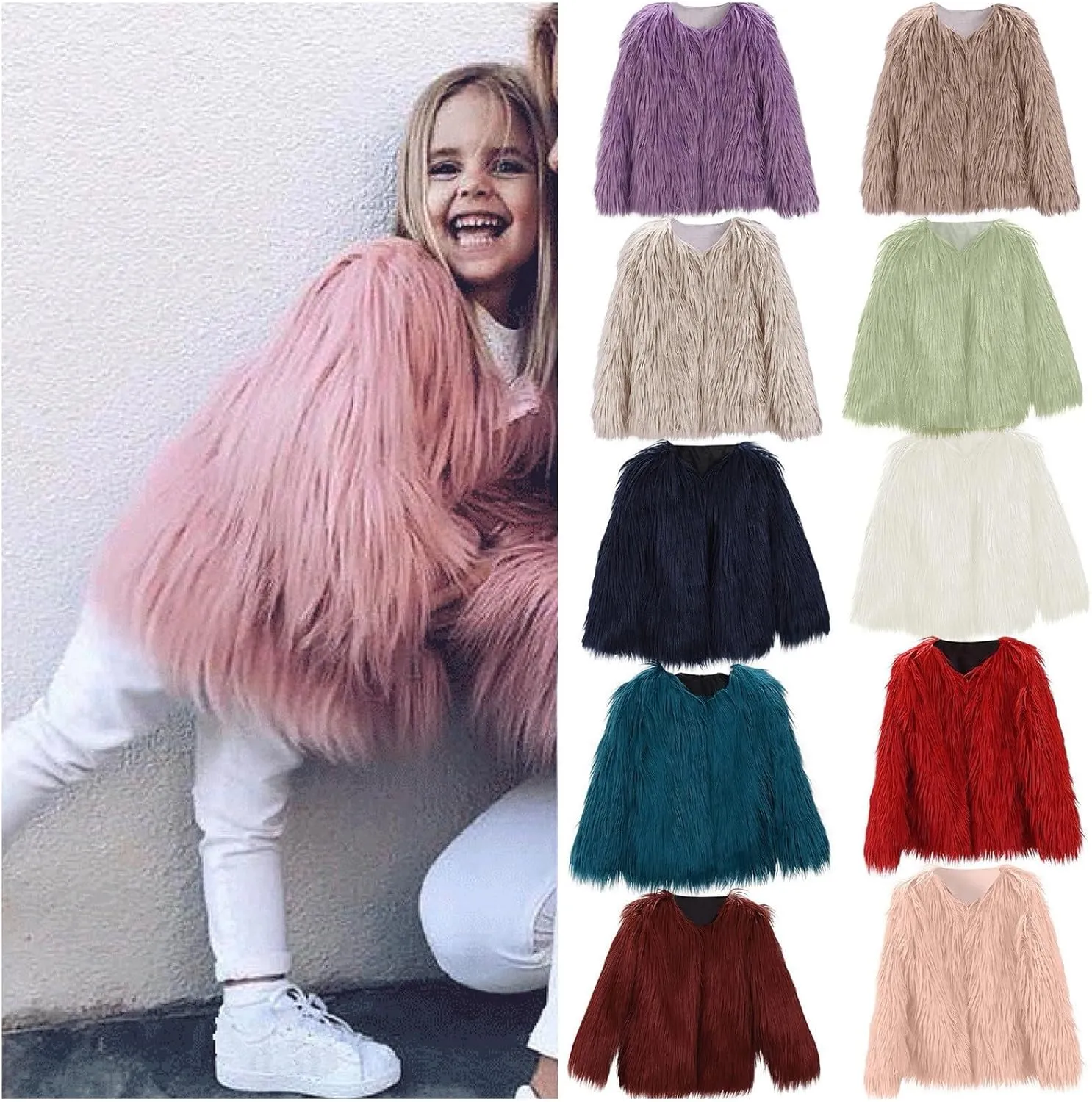 Girl's Faux-Fur Jacket Warm Fashion Cool Fuzzy Outwear Shaggy Pary Coat Baby Kids Girls 7th Birthday Gift Clothes