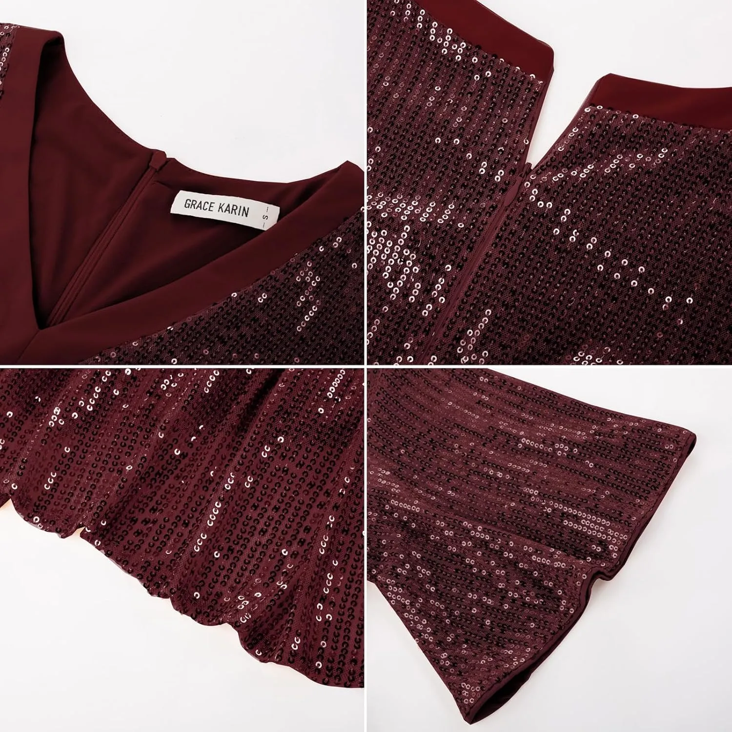 GRACE KARIN Women's Sequin V Neck Ruffle Sleeve Empire Waist Sparkly Glitter A Line Cocktail Formal Dresses