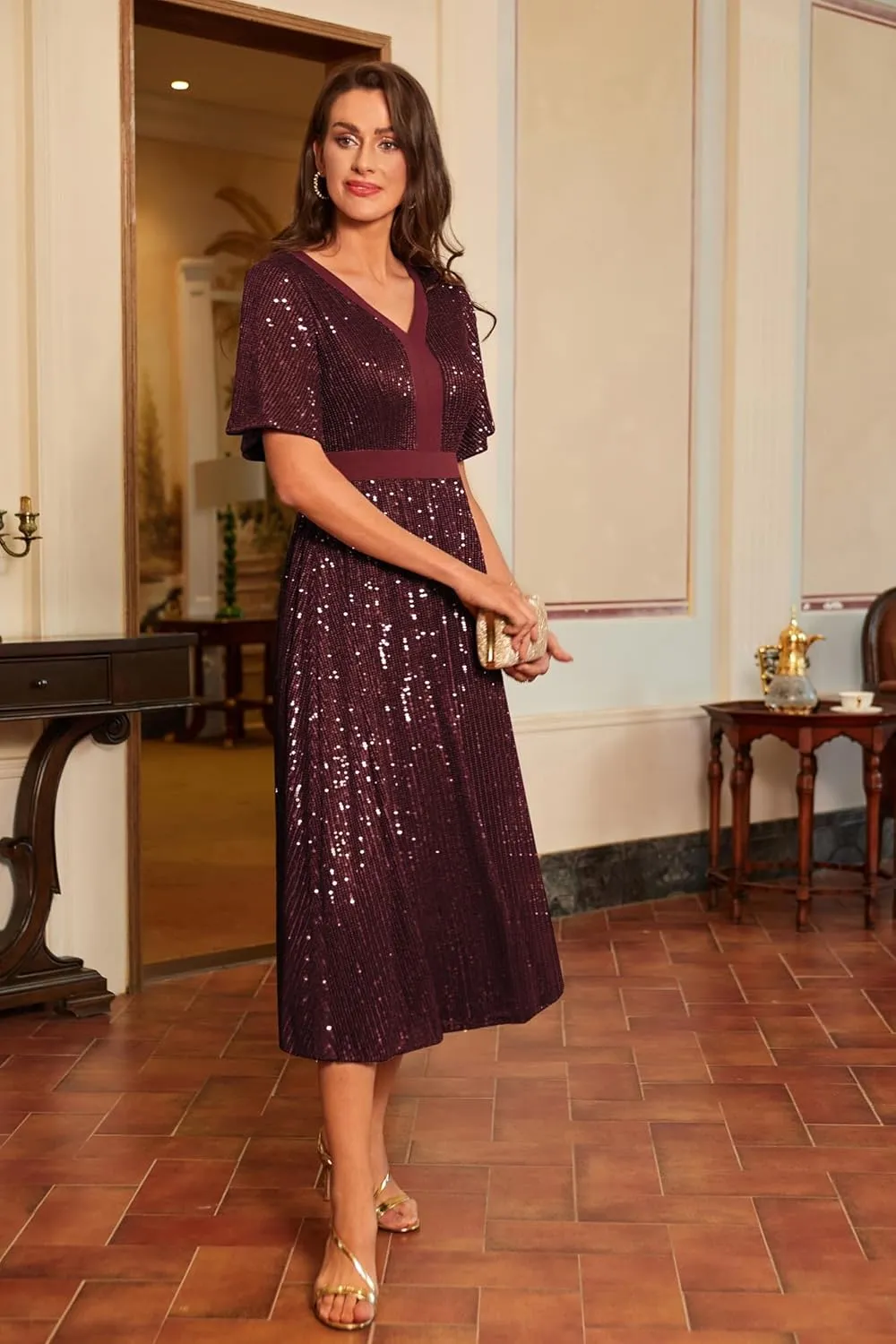 GRACE KARIN Women's Sequin V Neck Ruffle Sleeve Empire Waist Sparkly Glitter A Line Cocktail Formal Dresses