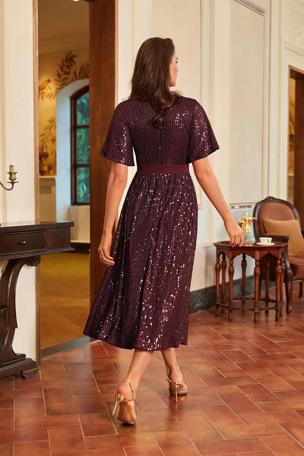 GRACE KARIN Women's Sequin V Neck Ruffle Sleeve Empire Waist Sparkly Glitter A Line Cocktail Formal Dresses