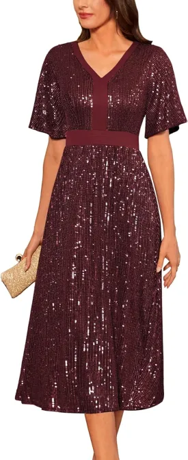 GRACE KARIN Women's Sequin V Neck Ruffle Sleeve Empire Waist Sparkly Glitter A Line Cocktail Formal Dresses