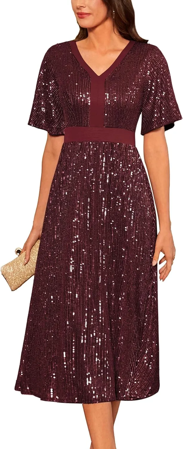 GRACE KARIN Women's Sequin V Neck Ruffle Sleeve Empire Waist Sparkly Glitter A Line Cocktail Formal Dresses