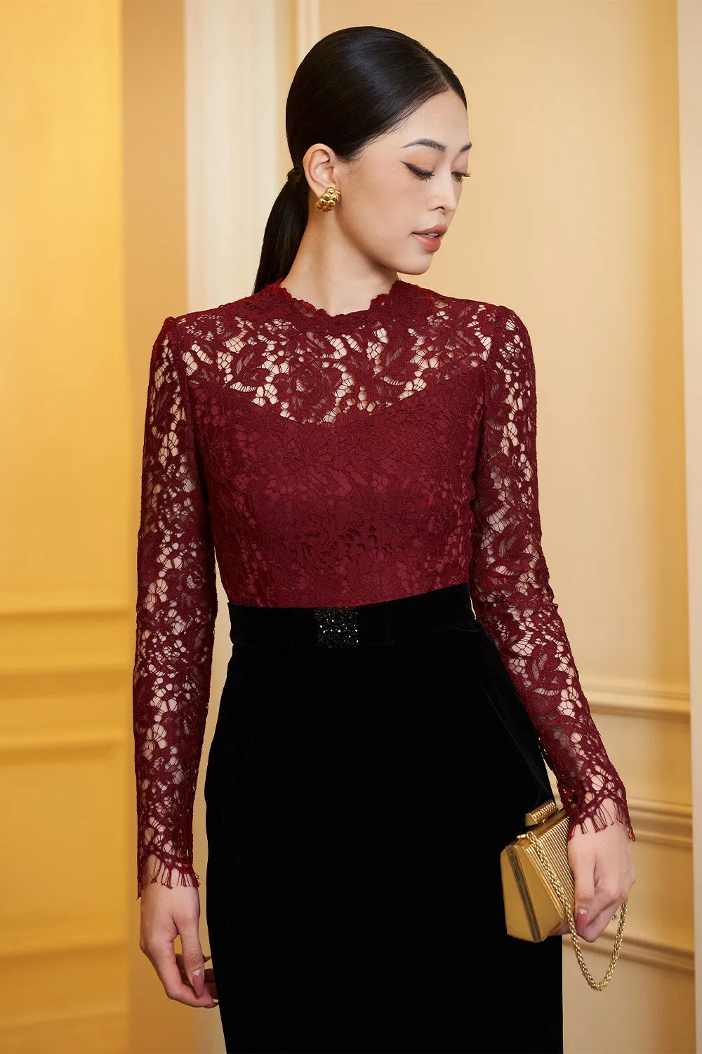 Gracie Pencil Lace Velvet Calf Length Dress