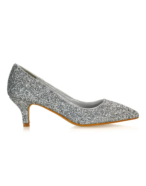 Gwyneth Pointed Toe Stiletto Low Kitten Court Heel Pumps in Ivory Satin