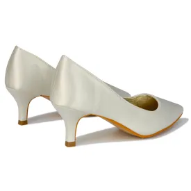 Gwyneth Pointed Toe Stiletto Low Kitten Court Heel Pumps in Ivory Satin