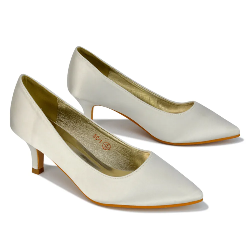 Gwyneth Pointed Toe Stiletto Low Kitten Court Heel Pumps in Ivory Satin