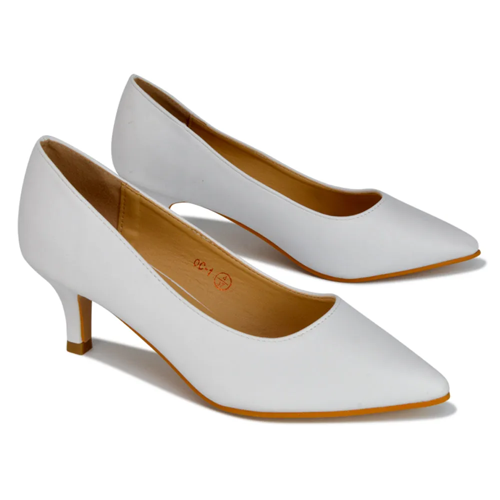 Gwyneth Pointed Toe Stiletto Low Kitten Court Heel Pumps in Ivory Satin