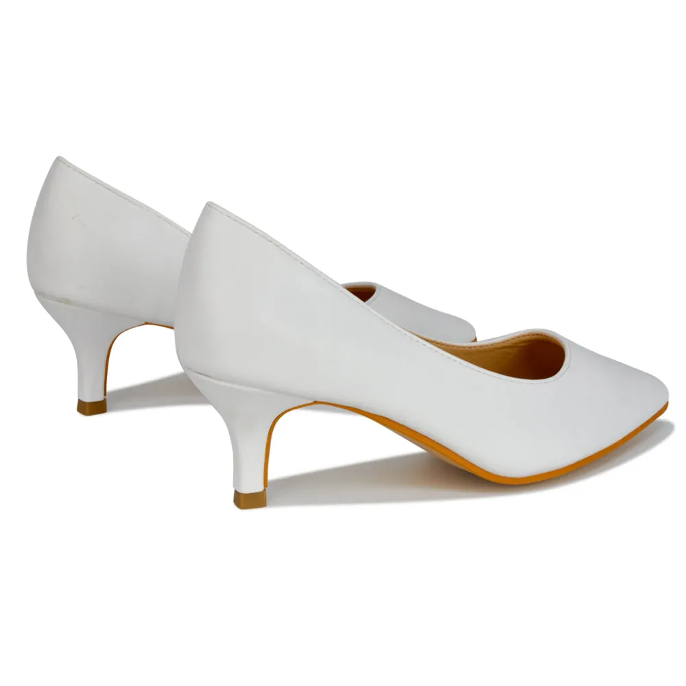 Gwyneth Pointed Toe Stiletto Low Kitten Court Heel Pumps in Ivory Satin