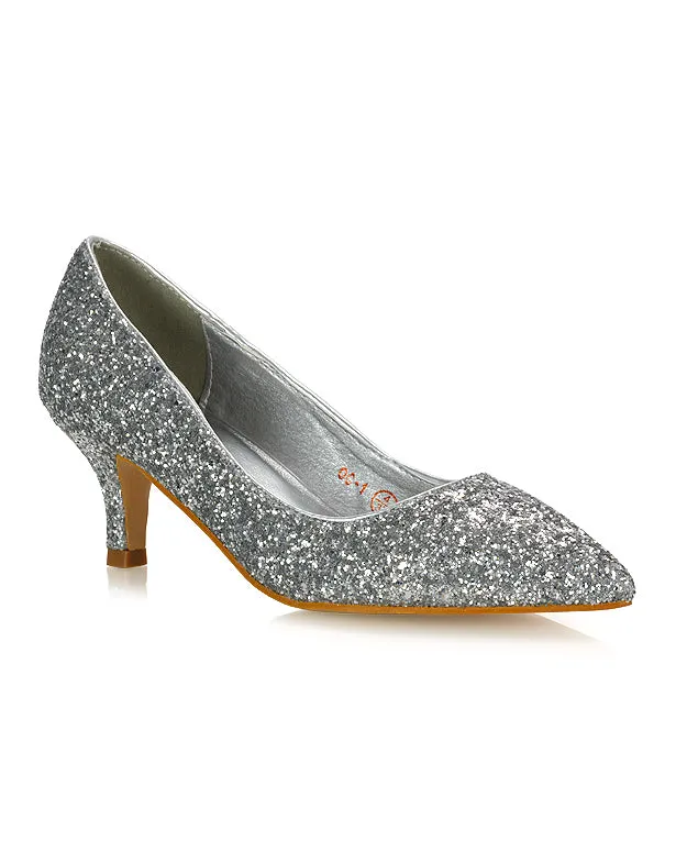 Gwyneth Pointed Toe Stiletto Low Kitten Court Heel Pumps in Ivory Satin