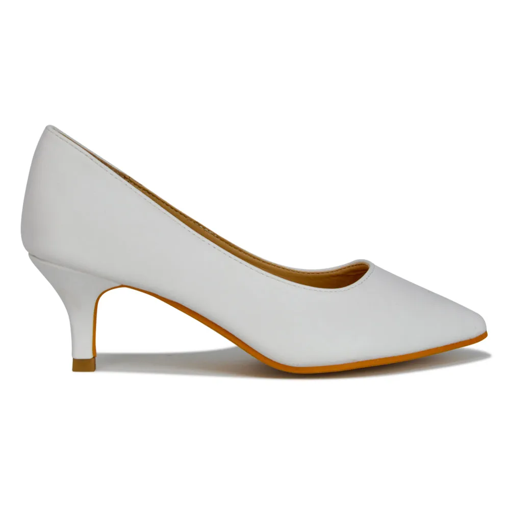 Gwyneth Pointed Toe Stiletto Low Kitten Court Heel Pumps in Ivory Satin