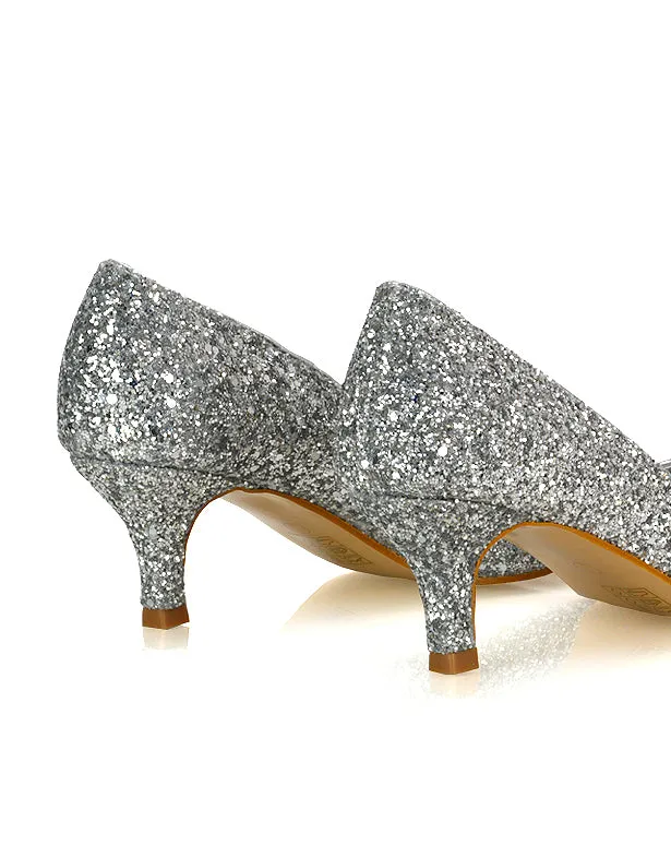 Gwyneth Pointed Toe Stiletto Low Kitten Court Heel Pumps in Ivory Satin