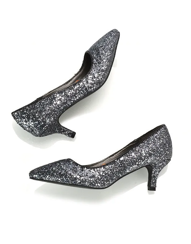 Gwyneth Pointed Toe Stiletto Low Kitten Court Heel Pumps in Ivory Satin