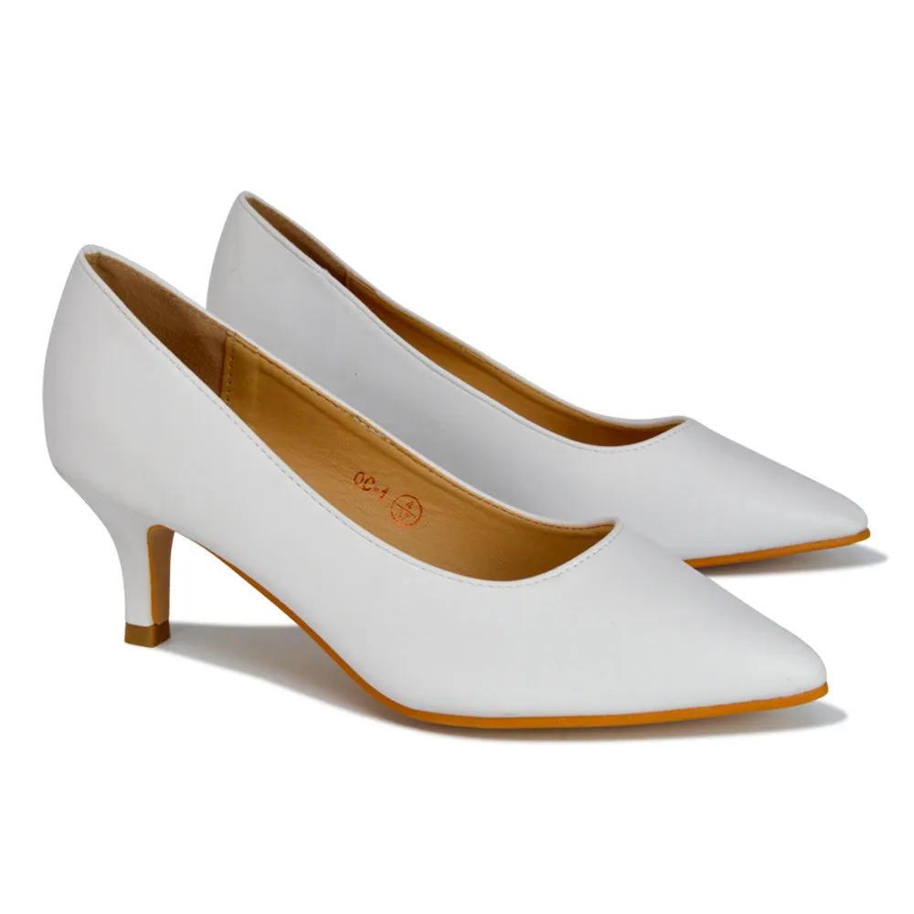 Gwyneth Pointed Toe Stiletto Low Kitten Court Heel Pumps in Ivory Satin