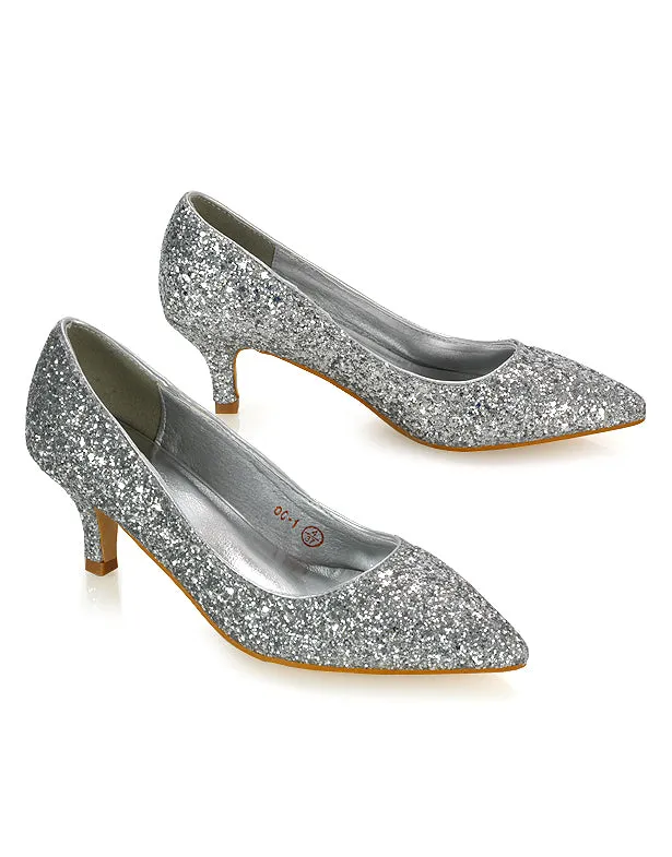 Gwyneth Pointed Toe Stiletto Low Kitten Court Heel Pumps in Ivory Satin