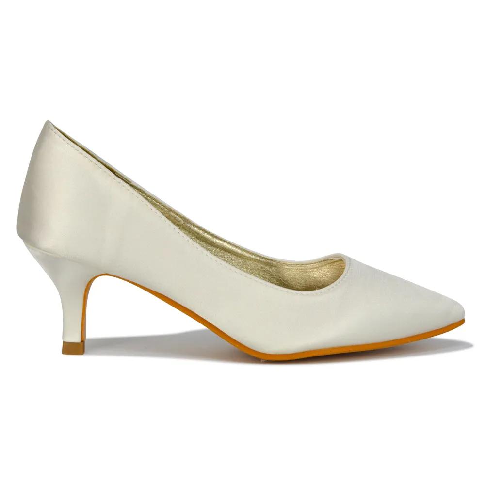 Gwyneth Pointed Toe Stiletto Low Kitten Court Heel Pumps in Ivory Satin