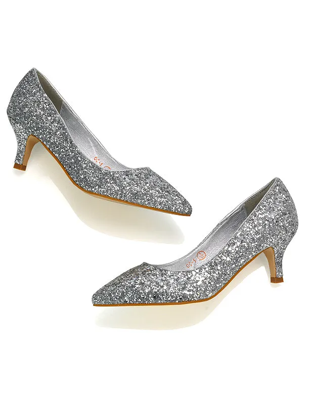 Gwyneth Pointed Toe Stiletto Low Kitten Court Heel Pumps in Ivory Satin