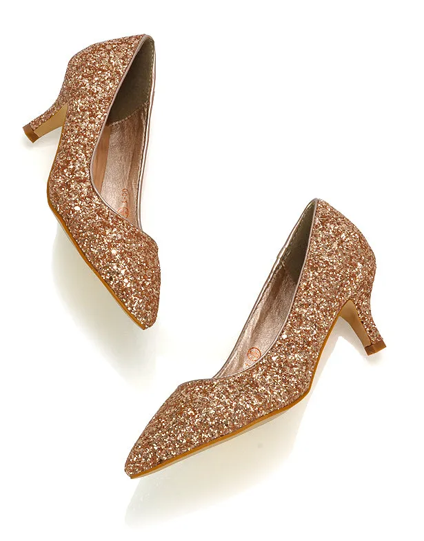 Gwyneth Pointed Toe Stiletto Low Kitten Court Heel Pumps in Ivory Satin