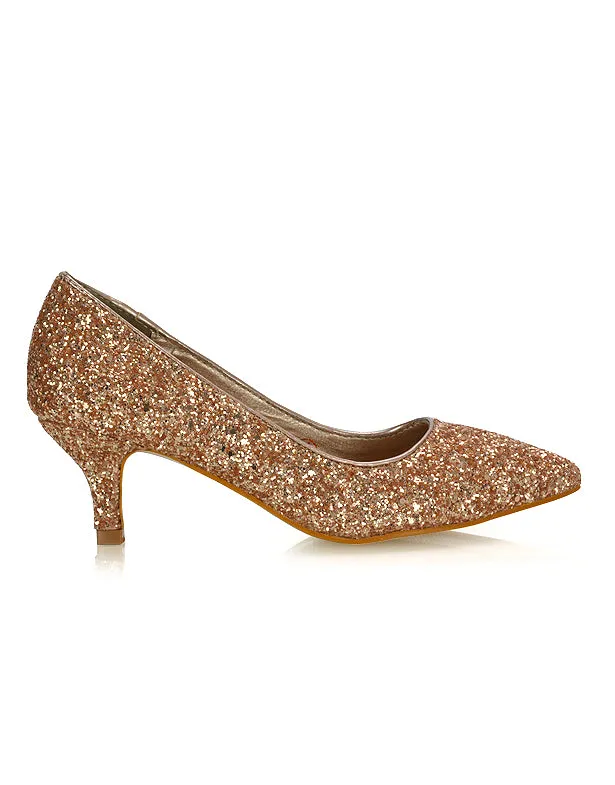 Gwyneth Pointed Toe Stiletto Low Kitten Court Heel Pumps in Ivory Satin