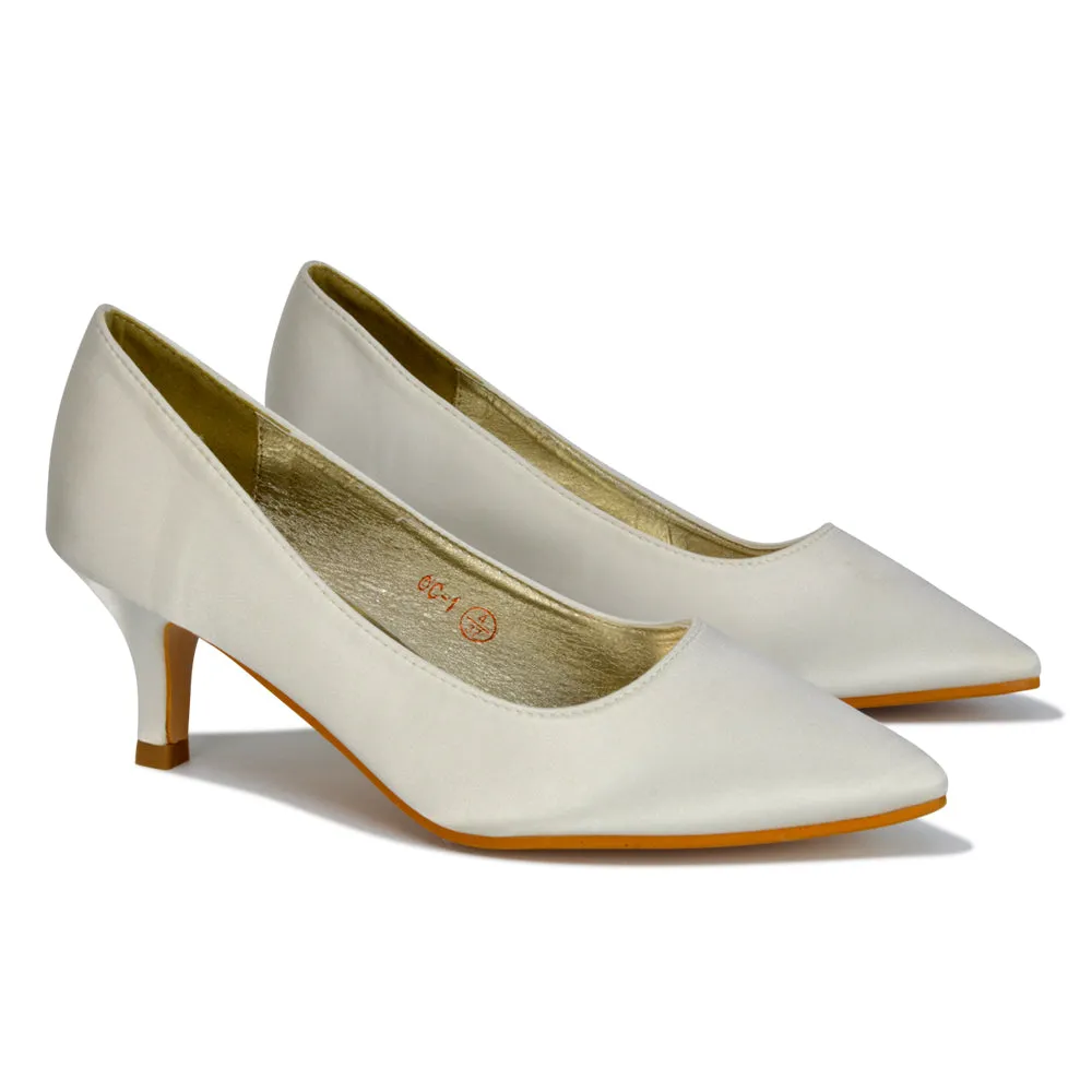Gwyneth Pointed Toe Stiletto Low Kitten Court Heel Pumps in Ivory Satin