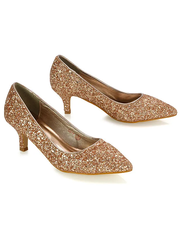 Gwyneth Pointed Toe Stiletto Low Kitten Court Heel Pumps in Ivory Satin
