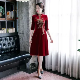 Hand made bead embroidery, velvet fabric burgundy A line Qipao