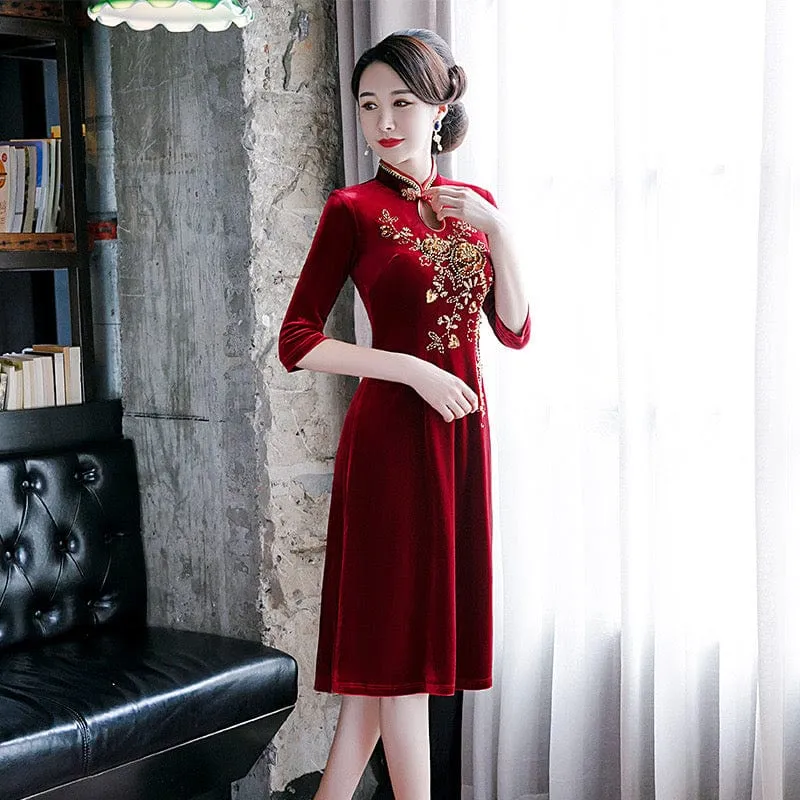 Hand made bead embroidery, velvet fabric burgundy A line Qipao