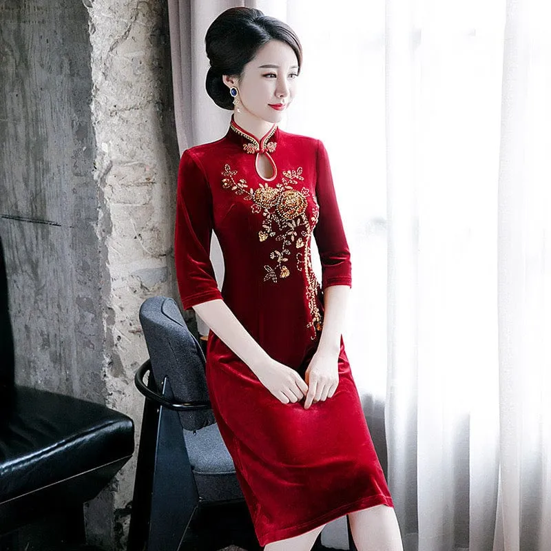 Hand made bead embroidery, velvet fabric burgundy A line Qipao