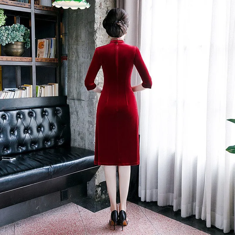 Hand made bead embroidery, velvet fabric burgundy A line Qipao