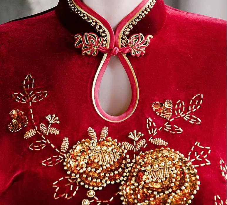 Hand made bead embroidery, velvet fabric burgundy A line Qipao