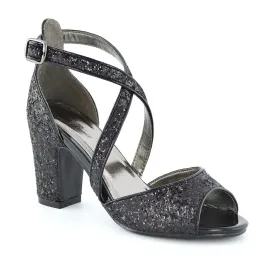 HARLOW CROSS OVER STRAPPY BUCKLE PEEP TOE BLOCK HIGH HEELS IN BLACK GLITTER