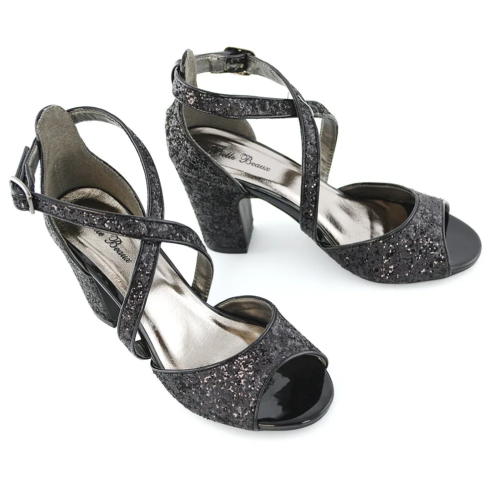 HARLOW CROSS OVER STRAPPY BUCKLE PEEP TOE BLOCK HIGH HEELS IN BLACK GLITTER