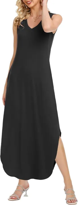 HUSKARY Women's Maxi Dresses V Neck Sleeveless Long Casual Dresses Loose Sundress with Pocket