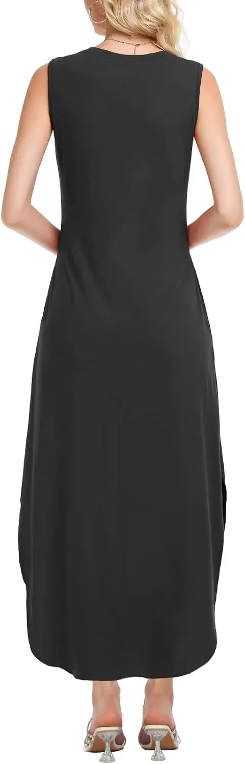 HUSKARY Women's Maxi Dresses V Neck Sleeveless Long Casual Dresses Loose Sundress with Pocket