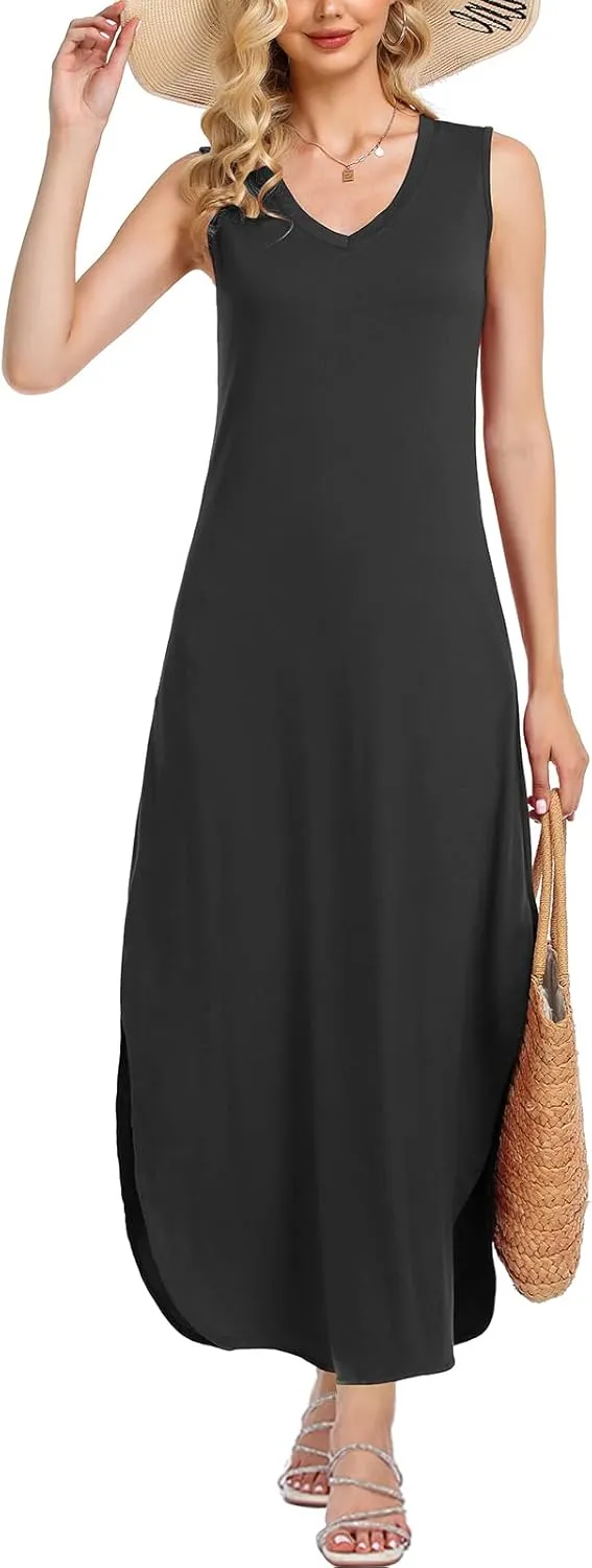 HUSKARY Women's Maxi Dresses V Neck Sleeveless Long Casual Dresses Loose Sundress with Pocket