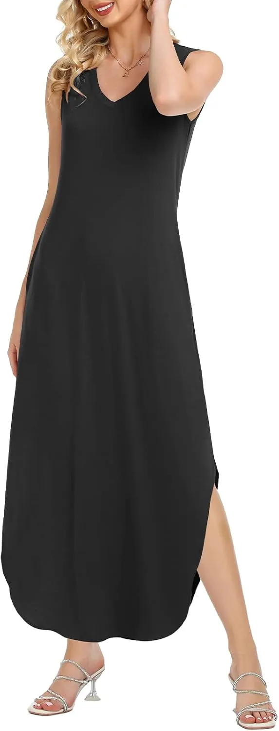 HUSKARY Women's Maxi Dresses V Neck Sleeveless Long Casual Dresses Loose Sundress with Pocket