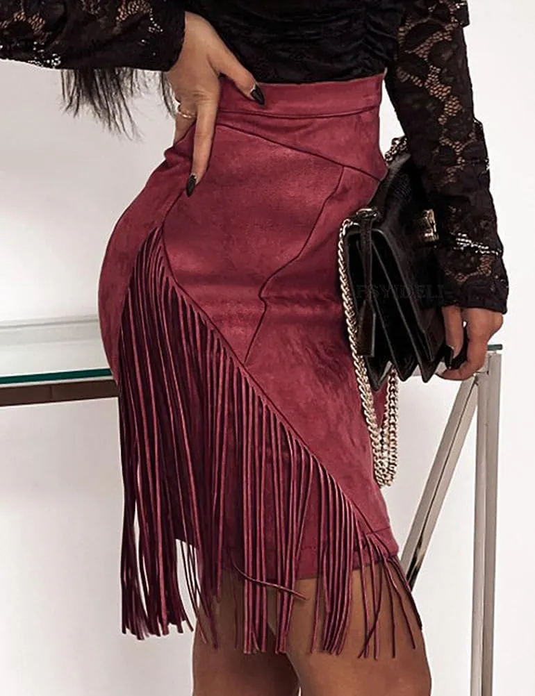 IDEALSANXUN Fringe Suede Skirt for Women High Waisted Tassel Short Mini Skirt