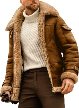 JEsilunmaMY Men's Thicken Sherpa Lined Leather Coat Fleece Shearling Warm Winter Jackets Heavyweight Padded Wool Coats