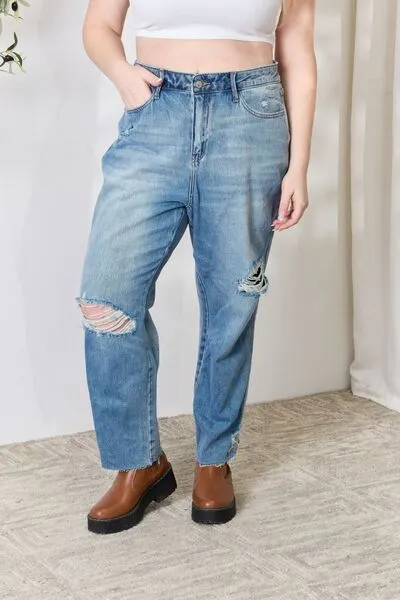 Judy Blue* Megan Distressed Raw Hem Straight Leg Jeans