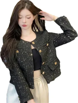 JXQXHCFS Fall Winter French Tweed Wool Sweet Pink Jackets Coat Women's Chic Female Outerwear Coats Suit