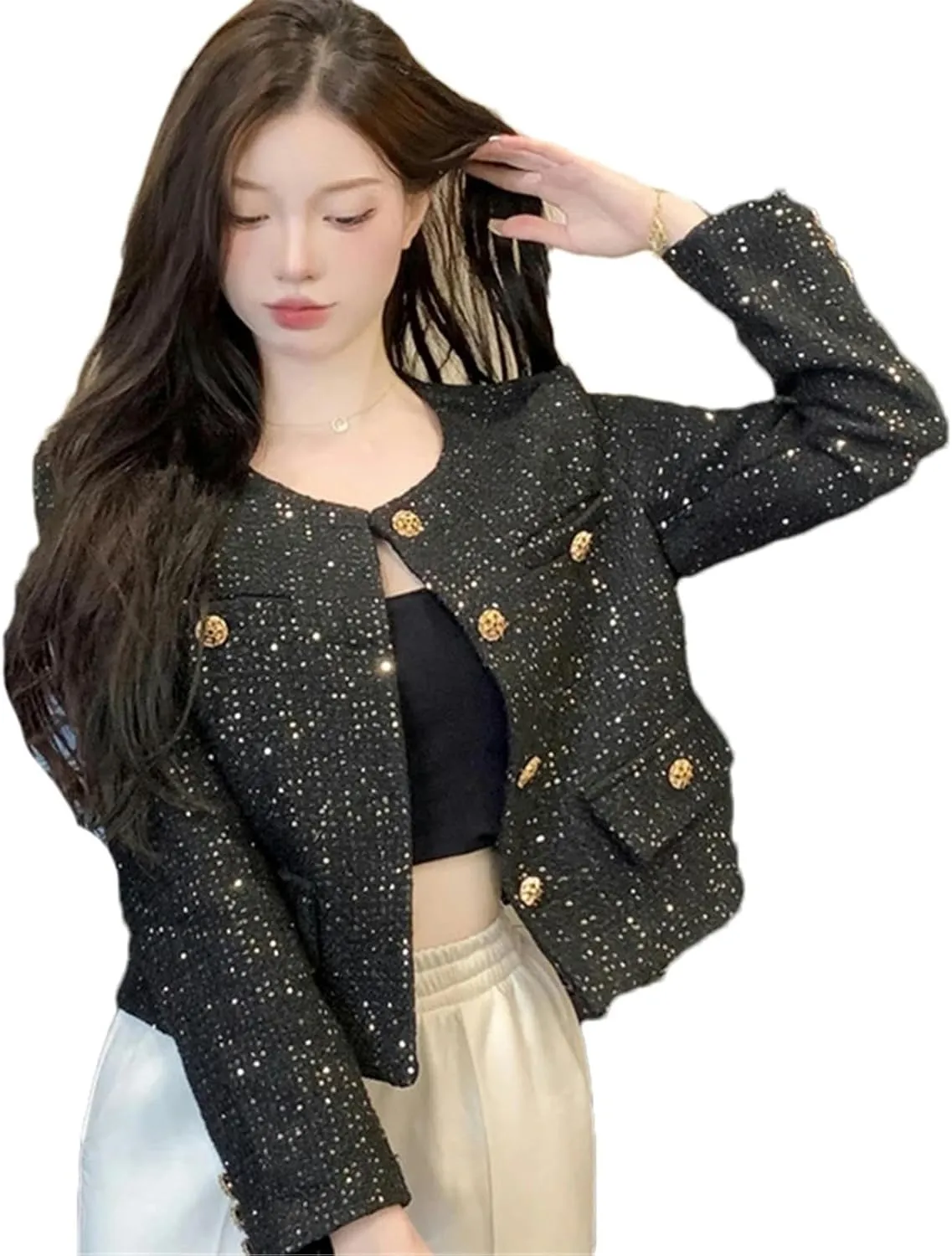 JXQXHCFS Fall Winter French Tweed Wool Sweet Pink Jackets Coat Women's Chic Female Outerwear Coats Suit