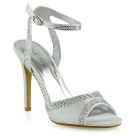 KIMBERLEY DIAMANTE ANKLE STRAP PEEP TOE HIGH HEEL STILETTOS IN WHITE SATIN