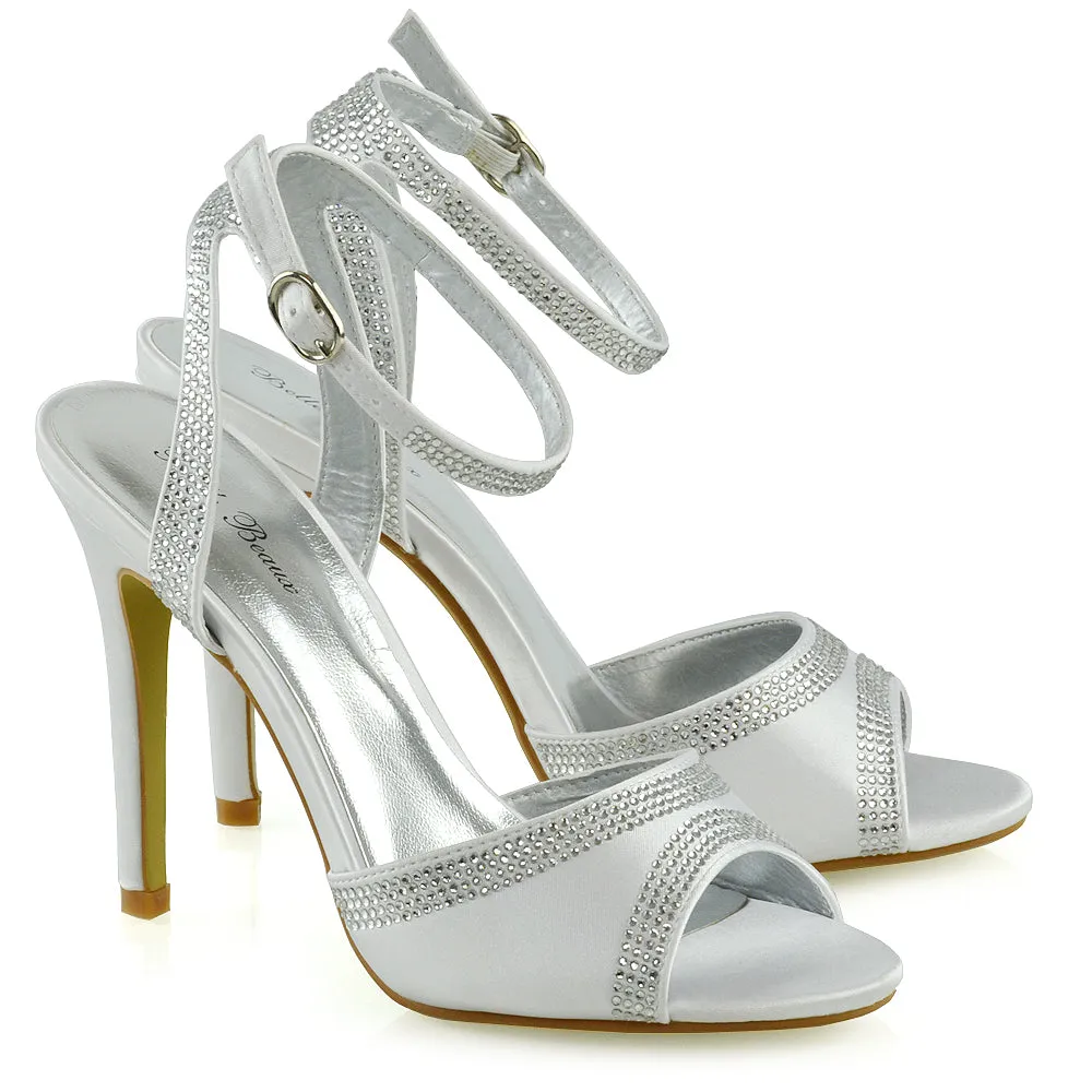 KIMBERLEY DIAMANTE ANKLE STRAP PEEP TOE HIGH HEEL STILETTOS IN WHITE SATIN