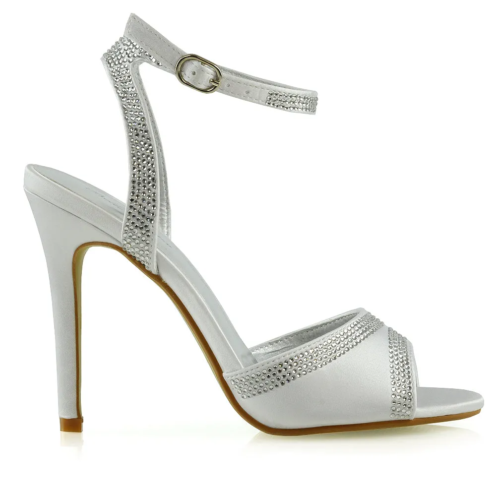 KIMBERLEY DIAMANTE ANKLE STRAP PEEP TOE HIGH HEEL STILETTOS IN WHITE SATIN
