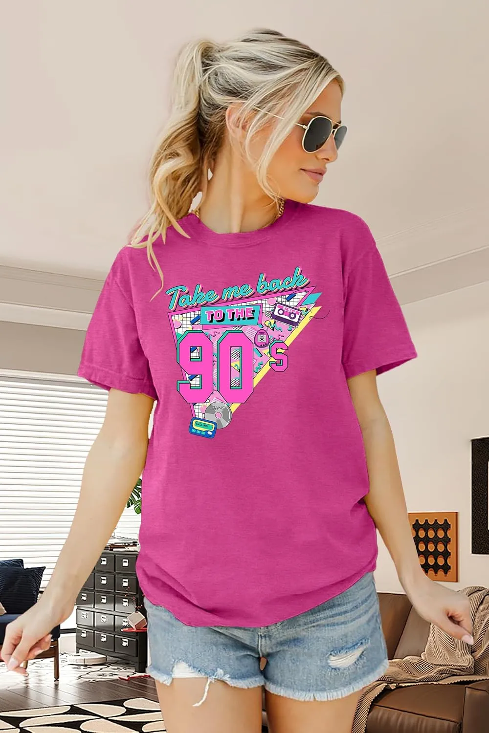 LAZYCHILD 90s Shirt for Women: 90s Outfit T-Shirt Vintage Neon Raised on 90s Country Music Rock Band Tops