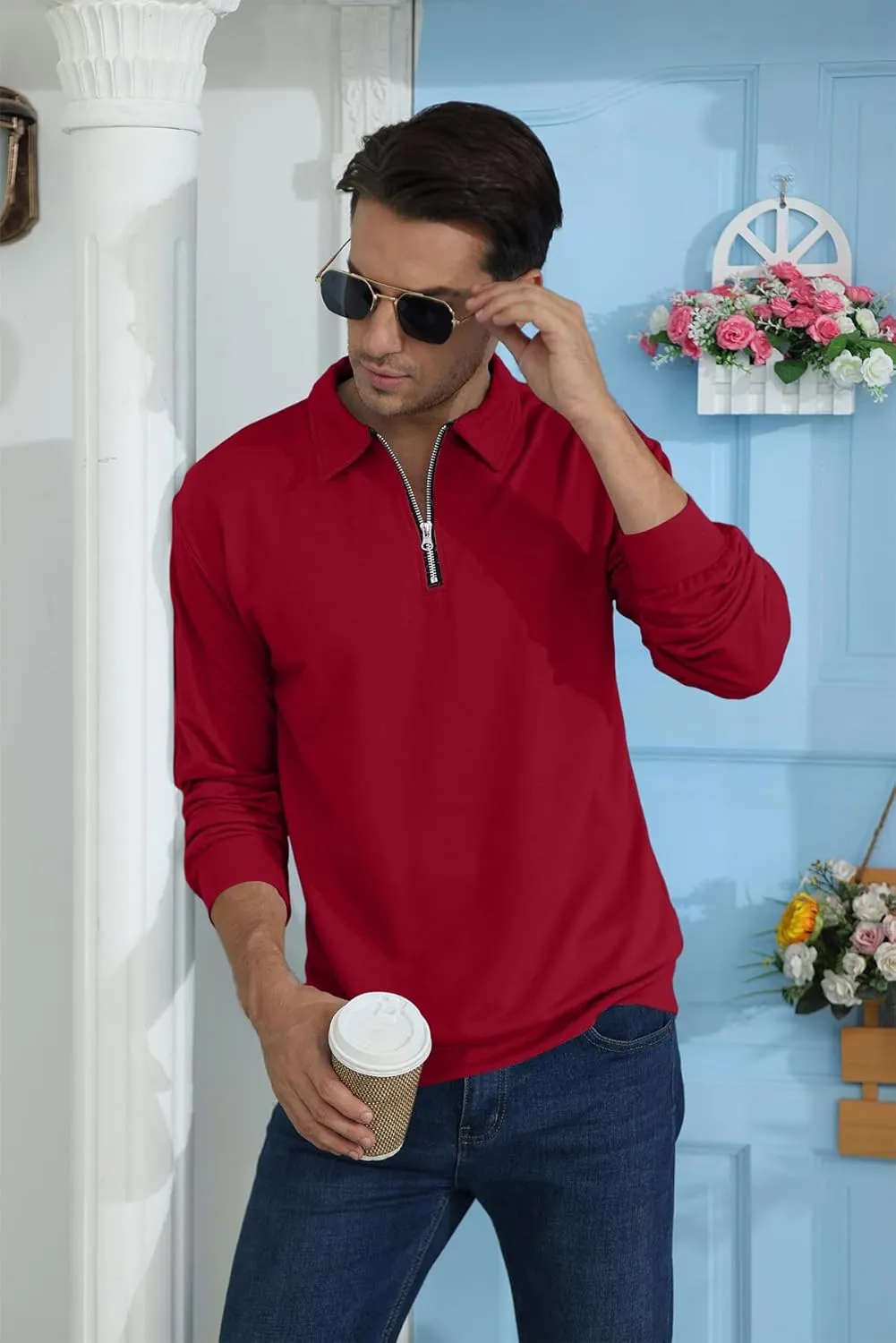 Lexiart Mens Long Sleeve Polo Shirts-Casual Thermal Loose Fit Pullover Quarter Zip Sweatshirts