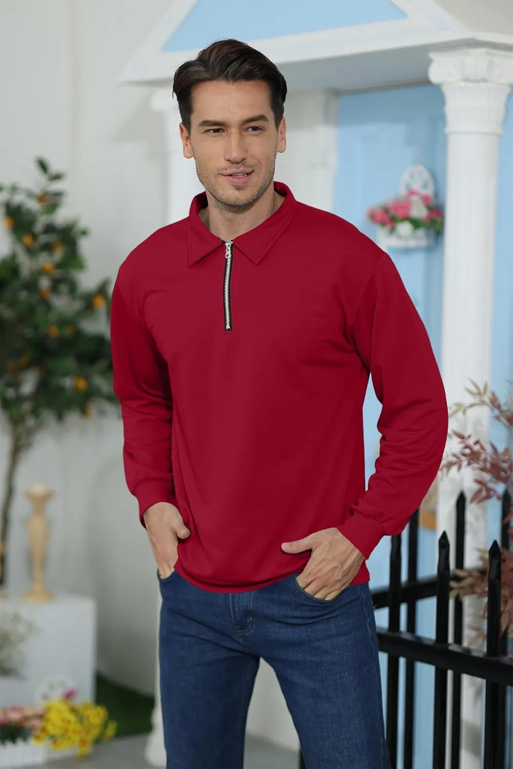 Lexiart Mens Long Sleeve Polo Shirts-Casual Thermal Loose Fit Pullover Quarter Zip Sweatshirts