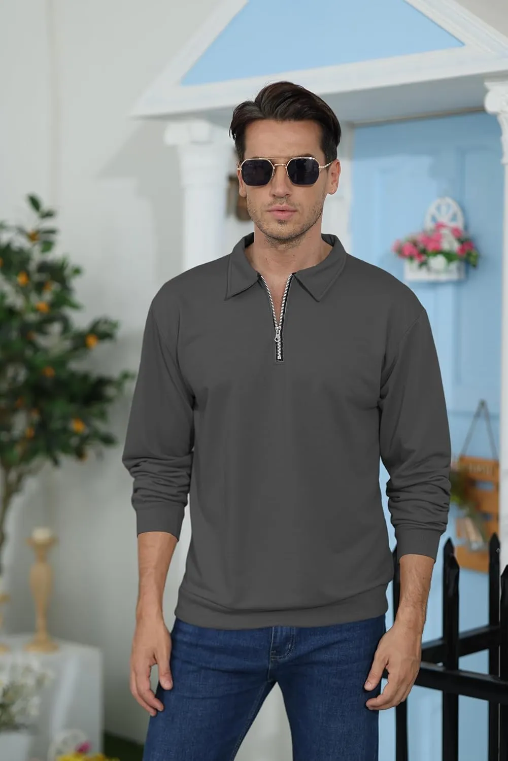Lexiart Mens Long Sleeve Polo Shirts-Casual Thermal Loose Fit Pullover Quarter Zip Sweatshirts